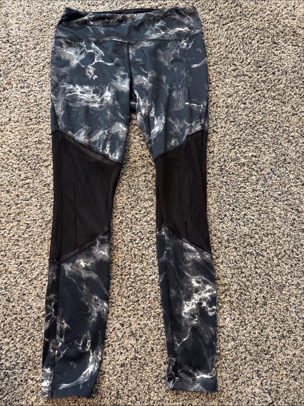 Marble-Print Black Mesh Panel Workout Leggings